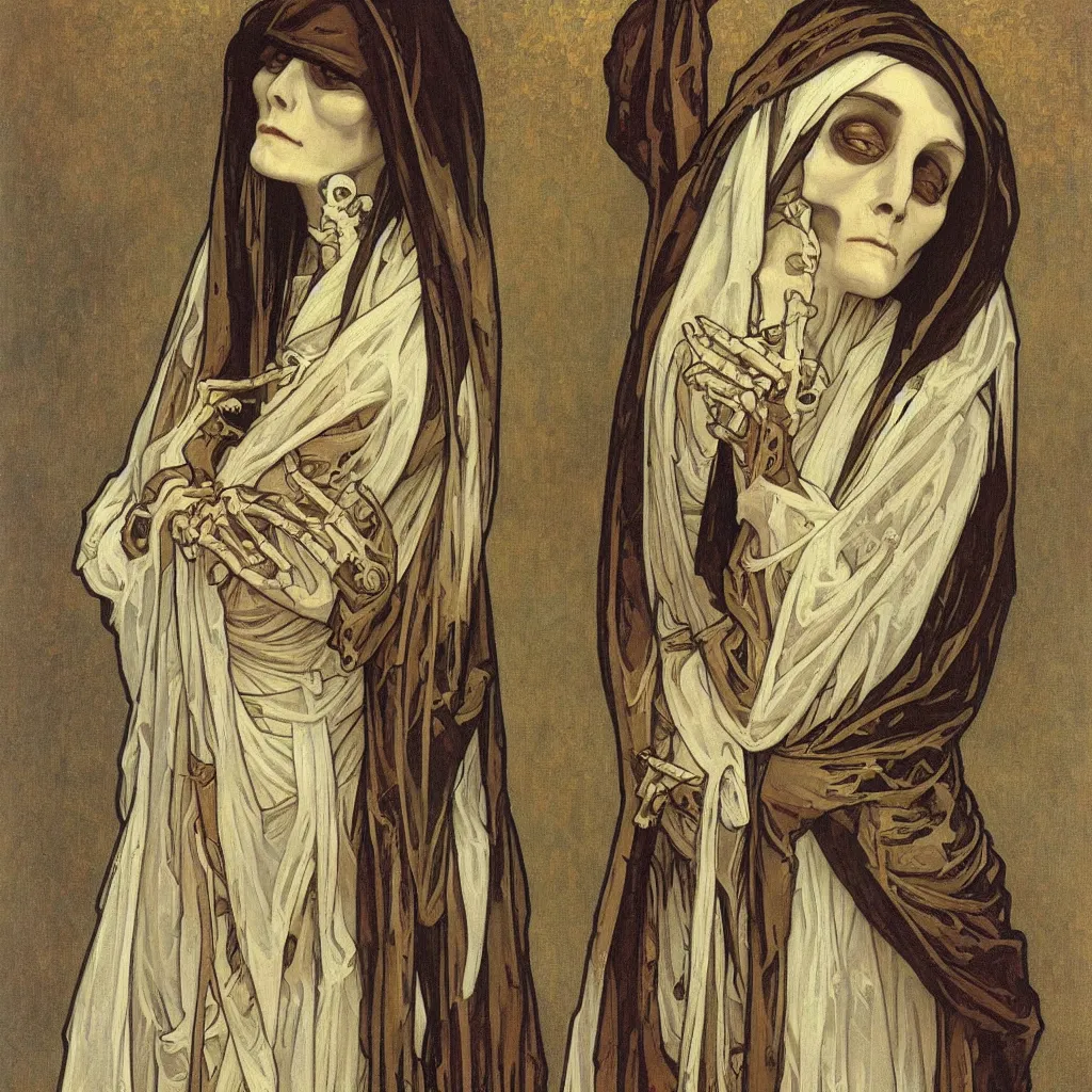 Image similar to Stunning portrait of a skeleton nun in Realistic style by Alphonse Mucha,oil on canvas