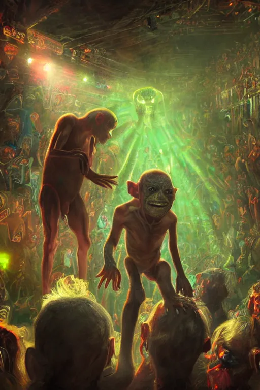 Image similar to gollum visits a rave club, oil on canvas, intricate, 8 k highly professionally detailed, hdr, cgsociety,