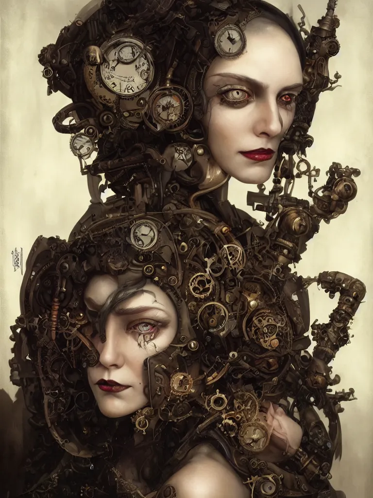 Image similar to a steampunk portrait of a hideous woman with shadowy eyes and bonewhite hair, with black glossy lips, hyperrealistic, award-winning, masterpiece, in the style of Tom Bagshaw, Cedric Peyravernay, Peter Mohrbacher