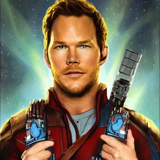 Image similar to the actor chris pratt as star lord posing together with the doll chucky from the movie child's play, inside a starship, oil painting, by greg rutkowski