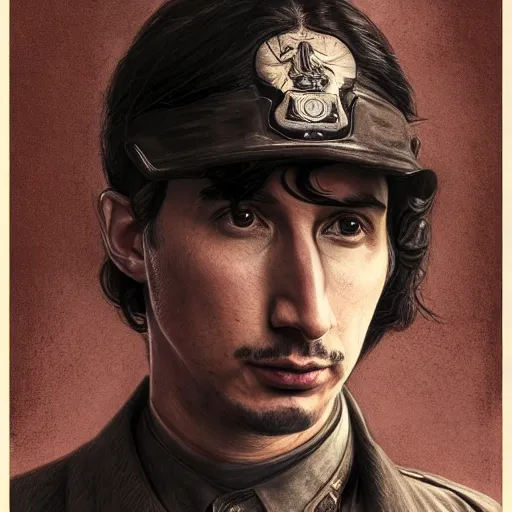 Image similar to portrait of a stoic looking john oliver and adam driver, full body, military uniform, fantasy, intricate, elegant, beautiful, highly detailed, charcoal, centered, dark, smokey, digital painting, artstation, concept art, smooth, sharp focus, illustration, art by artgerm and greg rutkowski and alphonse mucha