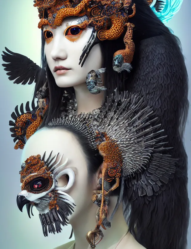 Image similar to 3 d goddess of death close - up profile portrait with ram skull. beautiful intricately detailed japanese crow kitsune mask and clasical japanese kimono. betta fish, jellyfish phoenix, bio luminescent, plasma, ice, water, wind, creature, artwork by tooth wu and wlop and beeple and greg rutkowski