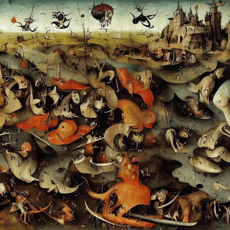 Image similar to The portrait of fish men and Grim Reaper who laughs and follow them, by Hieronymus Bosch and Pieter Bruegel inspired by Terry Pratchett, super detailed oil painting, hyper realistic faces, 4k, masterpiece