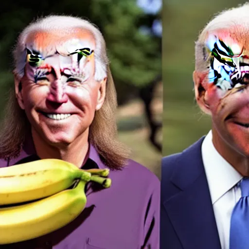 Prompt: joe biden with a mullet eating a banana