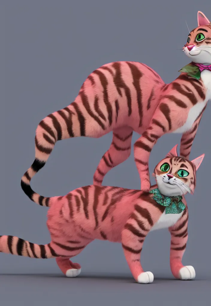 Image similar to 3d render , anthropomorphic male tabby cat,wearing a pink tux ,style of Zootopia, 8K HD Resolution, High quality image