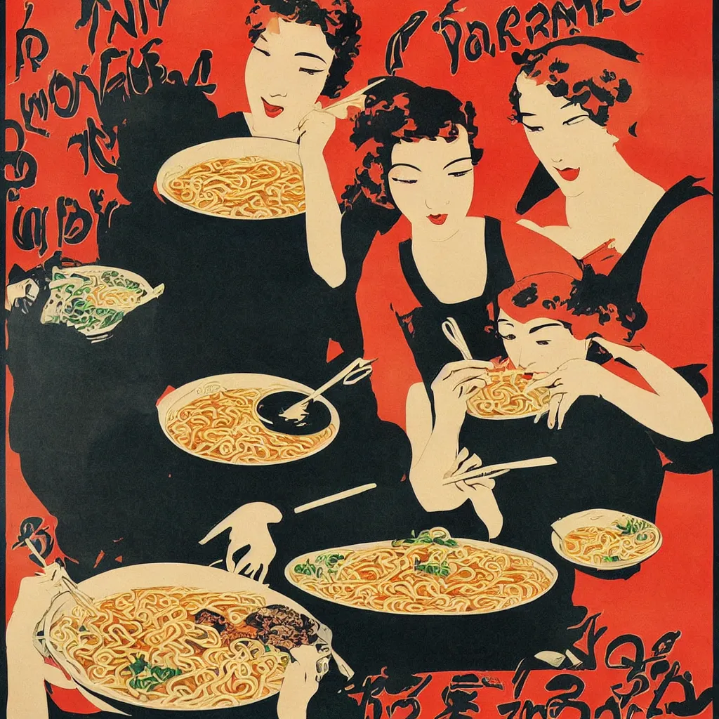 Image similar to 2 beautiful women eating a bowl of ramen, 1920s poster art