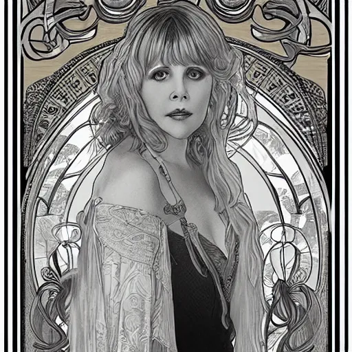 Image similar to beautiful lifelike award winning pencil illustration of stevie nicks trending on art station alphonse mucha cinematic atmospheric