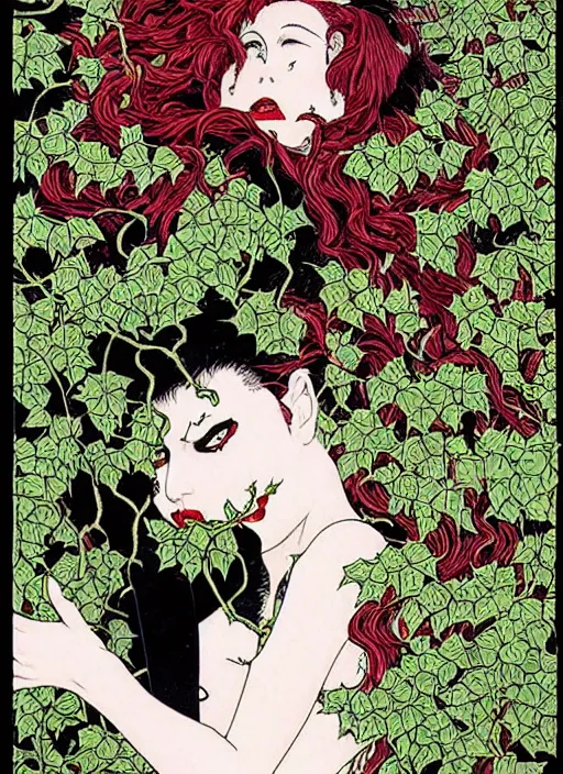 Image similar to poison ivy has the joker tied up in vines, intricate, art nouveau, art by takato yamamoto