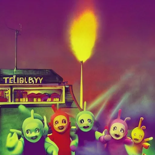 Image similar to The Teletubbies playing industrial music, illustration, artsation, smooth, official