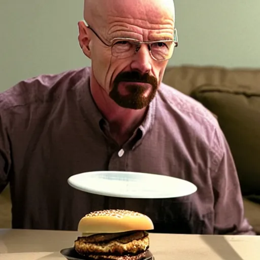 Image similar to walter white from breaking bad eating a cheeseburger