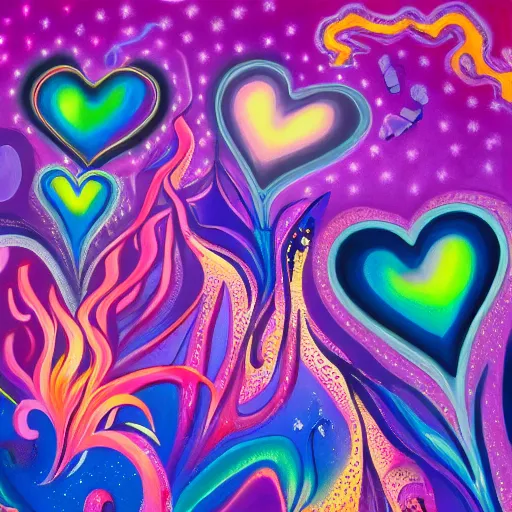 Image similar to a highly detailed painting of kitschy purple hearts in flames, inspired by lisa frank, dali, matisse, david hockney, trending on artstation, 4 k