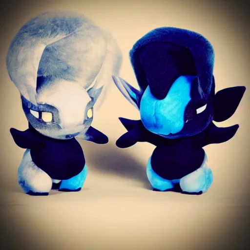 Prompt: cute fumo chibi plush imp, black and blue with hearts, soft shadow, vray