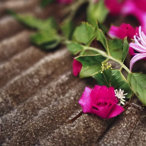 Prompt: close up photograph of a foot made out branches and flowers