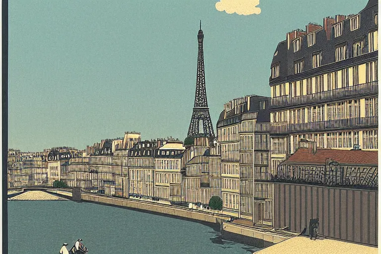 Prompt: paris scenery by hasui kawase, bottom view