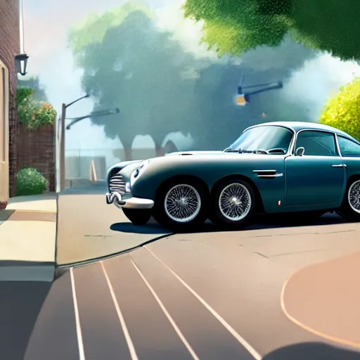 Image similar to a wholesome animation key shot of a toy aston martin db 5, in a rich london mews residential street, medium range, studio ghibli, ( pixar ) and disney animation, sharp, very detailed, unreal engine 5 render, bloom, high resolution, anime key art by greg rutkowski