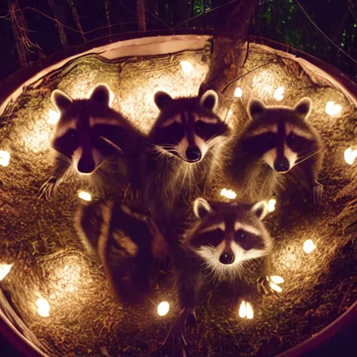 Image similar to raccoons in a ball pit in a forest at night with fairy lights