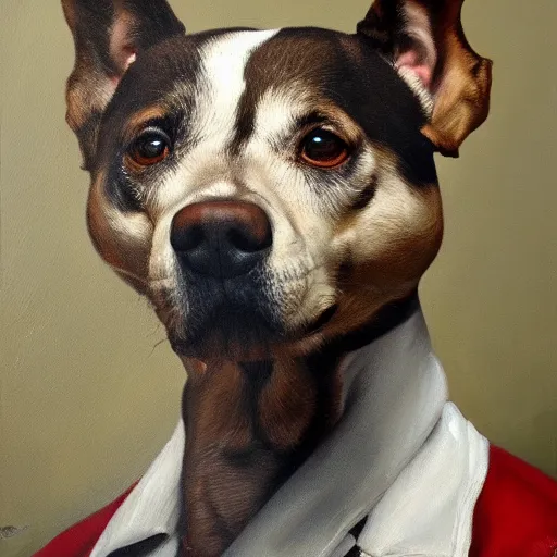 Prompt: Slavic dog head man, oil painting, full-length hyperrealism, beautiful, high resolution, trending on artstation,