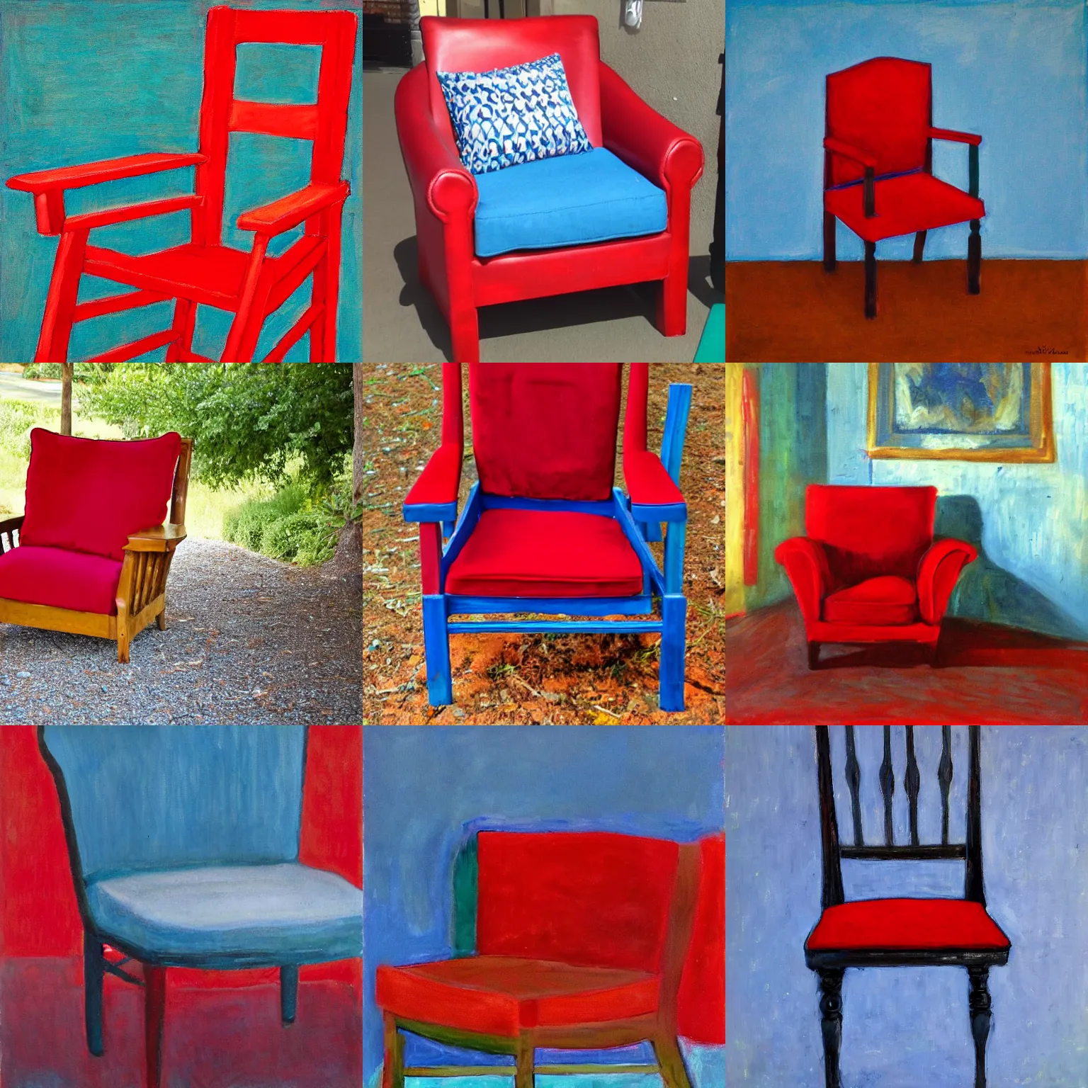 Prompt: a red chair on a blue bed