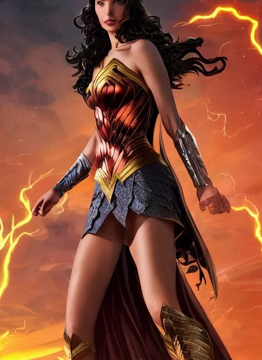 Image similar to Gal Gadot as Hell Lord, full body shot, epic, fantasy, intricate, elegant, volumetric lighting, highly detailed, digital painting, 4k, HDR, concept art, smooth, sharp focus, illustration, art by artgerm and alex ross and alphonse mucha and Adam Hughes