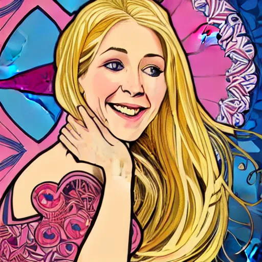 Prompt: realistic portrait of a blonde, happy, laughing, beautiful, danish scrum master. she is looking a you with loving, calm eyes. the background is colorful and inspired by alphonse mucha. hd