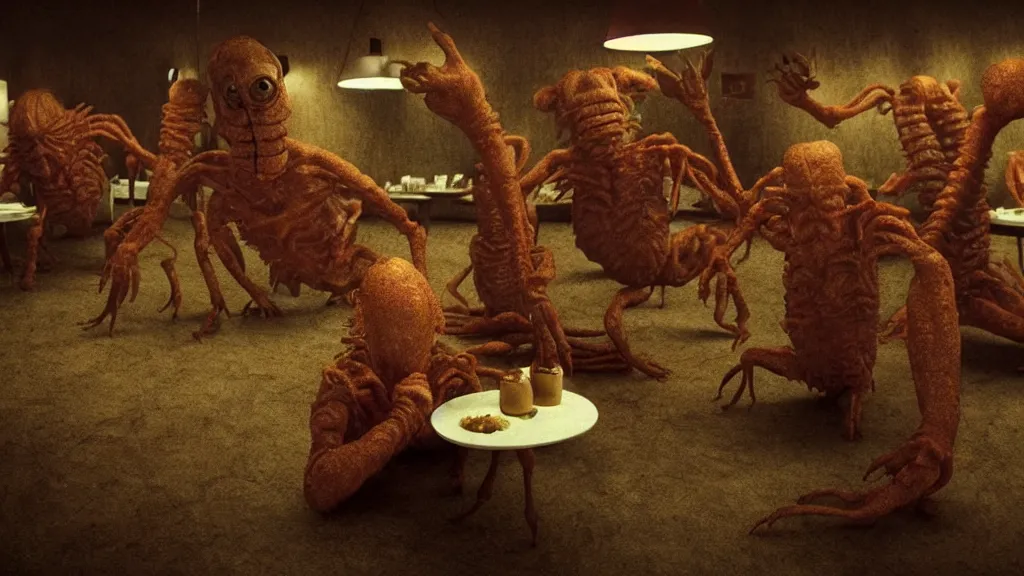 Prompt: the strange creature at the fast food place, made of oil they scare my family, film still from the movie directed by denis villeneuve and david cronenberg with art direction by salvador dali and zdzisław beksinski, wide lens