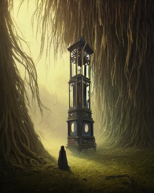 Image similar to highly detailed surreal vfx portrait of a cursed grandfather clock in a shadowy forest by a willow tree, stephen bliss, unreal engine, greg rutkowski, loish, rhads, beeple, makoto shinkai and lois van baarle, ilya kuvshinov, rossdraws, tom bagshaw, alphonse mucha, global illumination, detailed and intricate environment