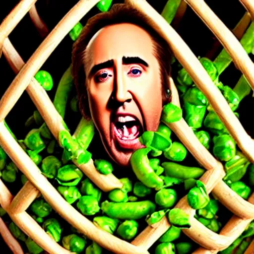 Image similar to nicolas cage trapped in a wicker cage screaming with a mouth full of peas