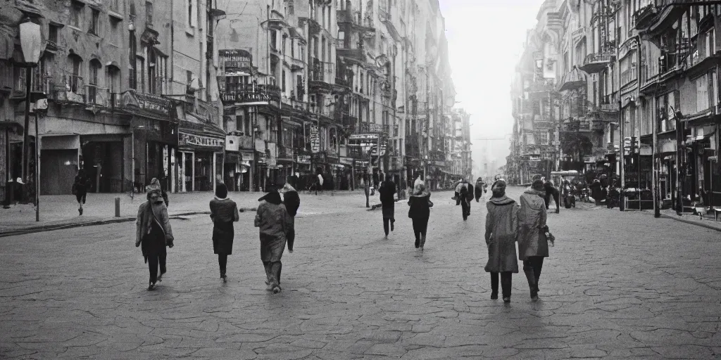 Image similar to daylight photo of walking on a street in a city on the moon