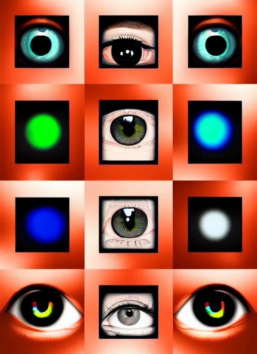 Prompt: grid montage of opticals with cube shaped iris, square shaped black dilated pupils cubes, cube shaped, detailed colored textures, lashes, advanced art, art styles mix, wet reflections in square eyecubes, sunshine light, hd macro photograph, from side, various cube eyelid positions