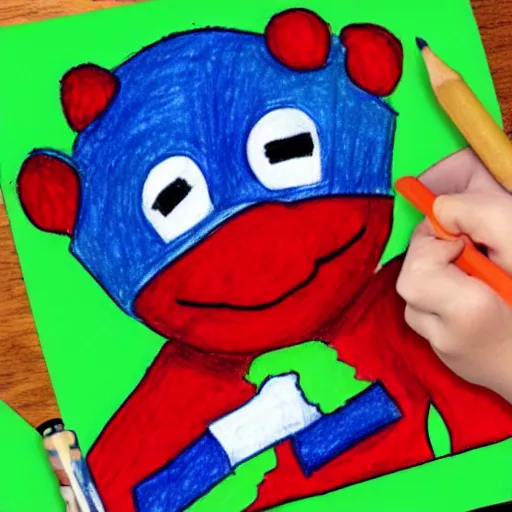 Prompt: Child drawing of a ninja fighting a teletubby