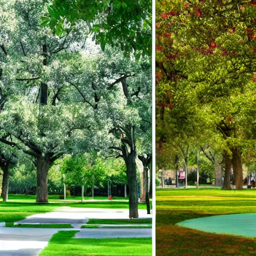 Image similar to a picture of a park in two halves. one half is dystopian colored, the other half is green and optimistically colored