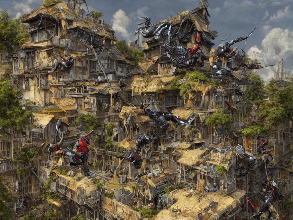 Image similar to Hooligan ninjas engineers bee audacious squatting on suburbia. Photorealistic, lifelike, Unreal Engine, sharp, detailed, 8K, by Gerald Brom, Dan Mumford, Stephan Martiniere