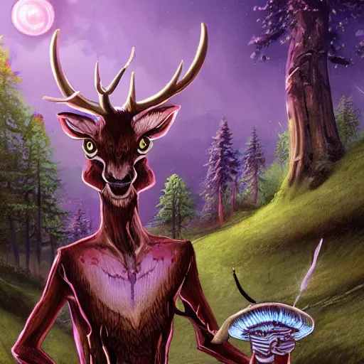 Image similar to 4 k headshot portrait of a psychedelic demonic anthropomorphic deer - horned wendigo smoking a hand - rolled cigarette smoking heavily, magic mushroom village in background. award winning. superb resolution. in the art style of junji ito and greg rutkowski. detailed mushroom city in background. hyper realistic anime. perfect art. dalle 2