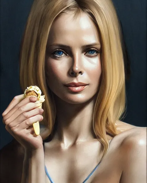 Image similar to portrait of a blonde barbara bach from the bond film eating ice creams in porto, real life skin, intricate, elegant, highly detailed, artstation, concept art, smooth, sharp focus, art by artgerm and greg rutkowski and alphonse mucha