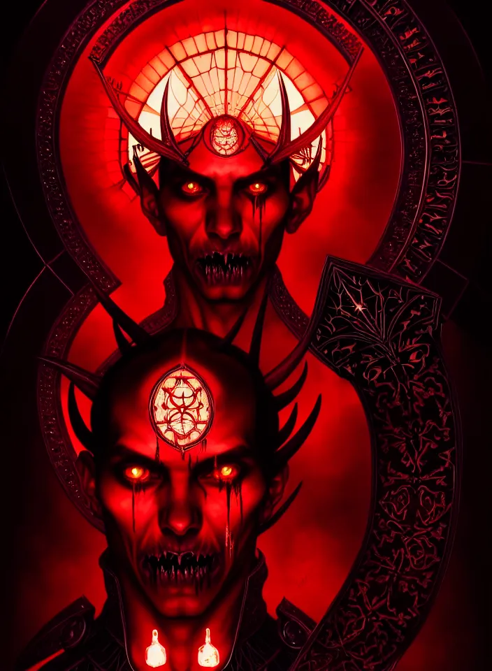 Image similar to symmetry!! portrait of a demonic man, gothic outfit, blood colored glowing lights!! evil atmosphere, intricate, elegant, highly detailed, digital painting, artstation, symmetric concept art, smooth, sharp focus, illustration, art by artgerm and greg rutkowski and alphonse mucha, 8 k