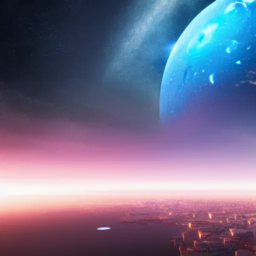 Image similar to gigantic city seen from spce with cinematic light, 8 k landscape render, space japan mech in the space, ice planet, sunset, sunrays