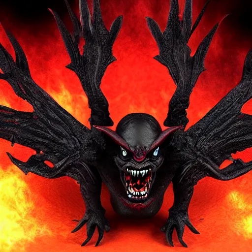 Image similar to black demon with evil face red eyes red mouth, wings, 8 k, high quality, highly realistic photo realistic