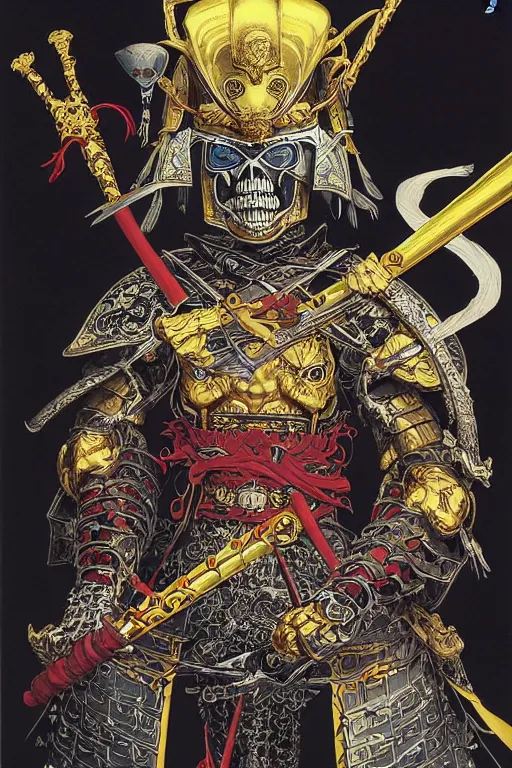 Prompt: portrait of a crazy skeletor warrior with the tang dynasty of china armor and helmet, by yoichi hatakenaka, masamune shirow, josan gonzales and dan mumford, ayami kojima, takato yamamoto, barclay shaw, karol bak, yukito kishiro