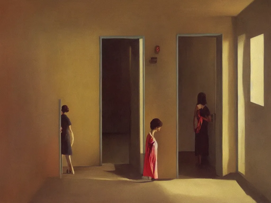 Prompt: lone girl waiting inside a 70s hotel hallway, stanley kubrick the shinning, american gothic, vibrant colors americana, Salvador Dalí interior setting, cinematic, volumetric lighting, ultra wide angle view, realistic, detailed painting in the style of Edward Hopper and René Magritte