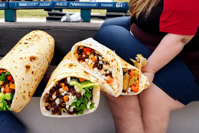 Image similar to obese woman eating a giant burrito sitting at a baseball game, photograph,