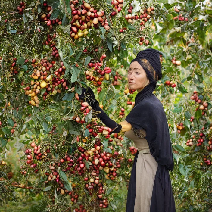 Prompt: a closeup portrait of a woman wearing golden spider silk sea silk seaweeds, picking pomegranates from a tree in an orchard, foggy, moody, photograph, by vincent desiderio, canon eos c 3 0 0, ƒ 1. 8, 3 5 mm, 8 k, medium - format print