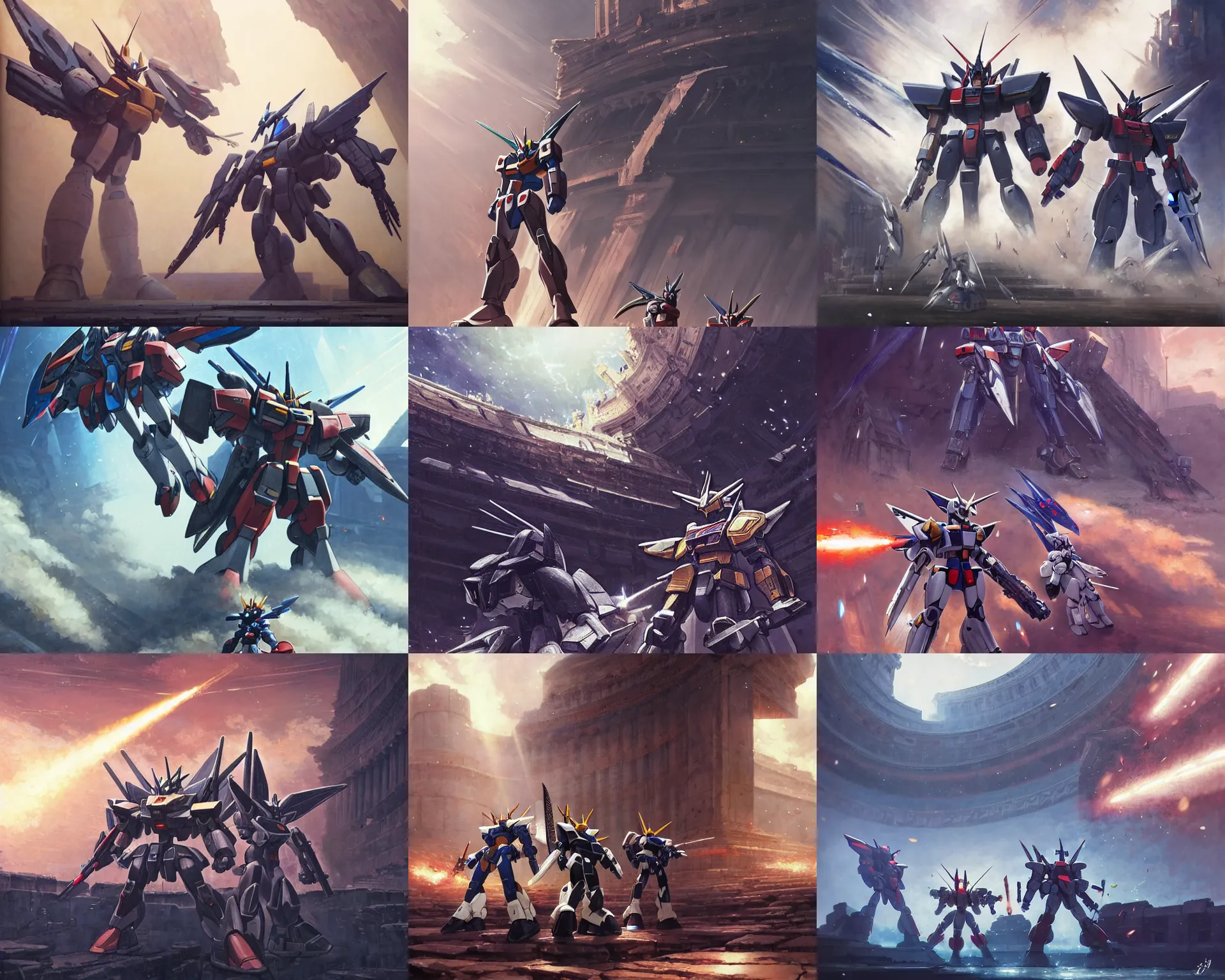 Prompt: gundams battling in a colloseum, light dust, magnificent, close up, details, sharp focus, elegant, highly detailed, illustration, by Jordan Grimmer and greg rutkowski and PiNe(パイネ) and 薯子Imoko and 香川悠作 and wlop and maya takamura, intricate, beautiful, Trending artstation, pixiv, digital Art