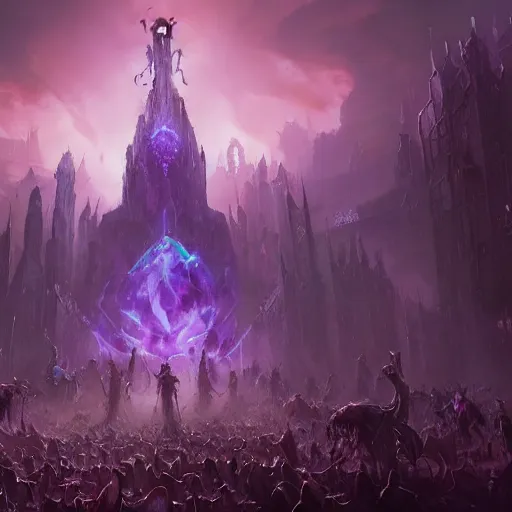 Prompt: necromancer with an army of undead rising from the ground, violet theme, hearthstone art style, epic fantasy style art by Craig Mullins, fantasy epic digital art, epic fantasy card game art by Greg Rutkowski