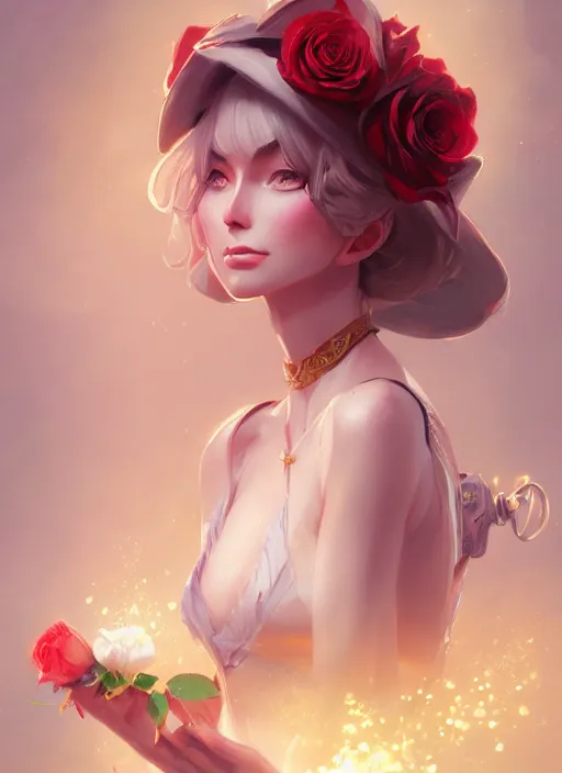 Prompt: female magician, wide angle view, roses, flowers, gold, diamonds, highly detailed, artgerm, cushart krenz, artstation, soft light, sharp focus, illustration, character design, concept art