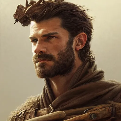 Prompt: portrait of a rugged ranger, coherent hands, handsome, muscular, full body, leather, hairy, d & d, fantasy, intricate, elegant, highly detailed, digital painting, artstation, concept art, smooth, sharp focus, illustration, art by artgerm and greg rutkowski and alphonse mucha