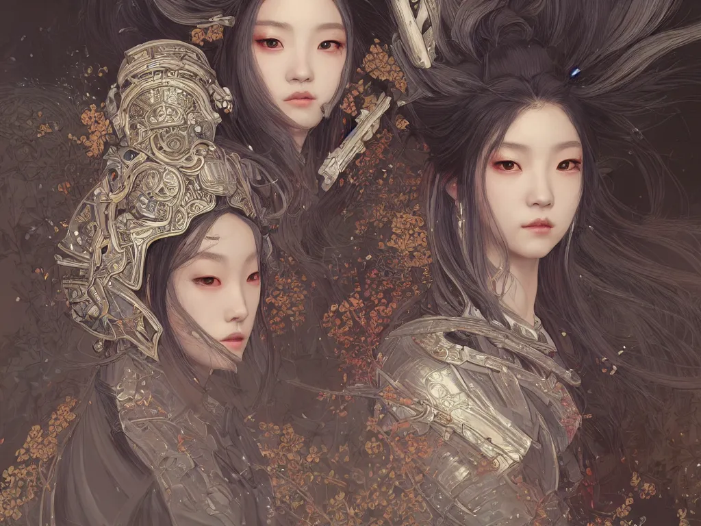 Image similar to portrait jisoo blackpink, grey hair armored samurai clothes, inside fire japanese temple, ssci - fi and fantasy, intricate and very very beautiful and elegant, highly detailed, digital painting, artstation, concept art, smooth and sharp focus, illustration, art by tian zi and wlop and alphonse mucha