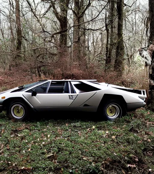 Prompt: 1988 Lamborghini Countach hanging from a tree by invisible force Abandoned in the Woods