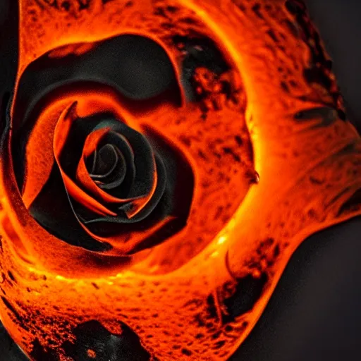 Image similar to award - winning macro of a beautiful black rose made of glowing molten magma