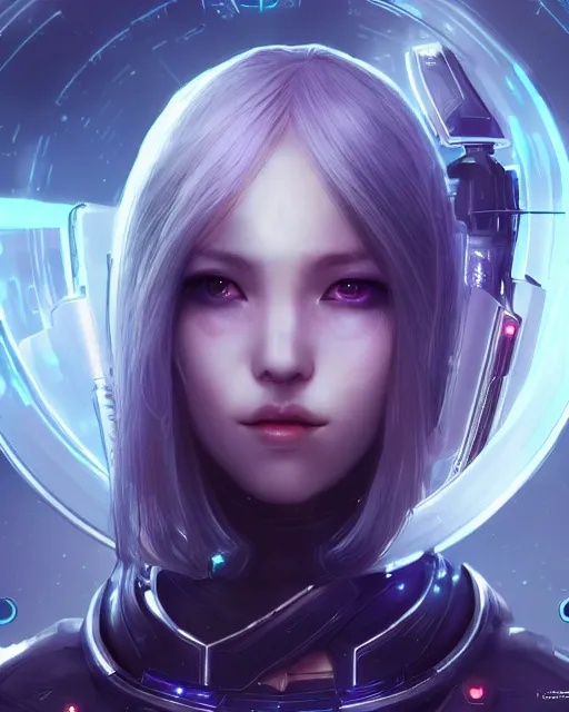 Image similar to perfect android girl on a mothership, warframe armor, beautiful face, scifi, futuristic, galaxy, nebula, bae suzy, dreamy, long white hair, blue cyborg eyes, sharp focus, cinematic lighting, highly detailed, artstation, divine, by gauthier leblanc, kazuya takahashi, huifeng huang