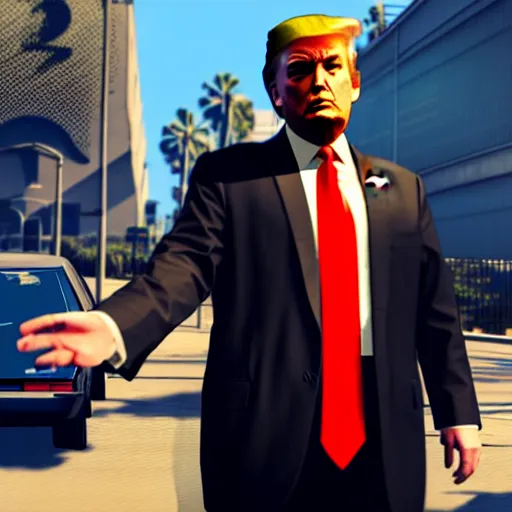 Image similar to donald trump busted in gta v, open world gameplay, isometric view, ps 5 screenshot, third person perspective, 3 d render, cryengine, highly detailed